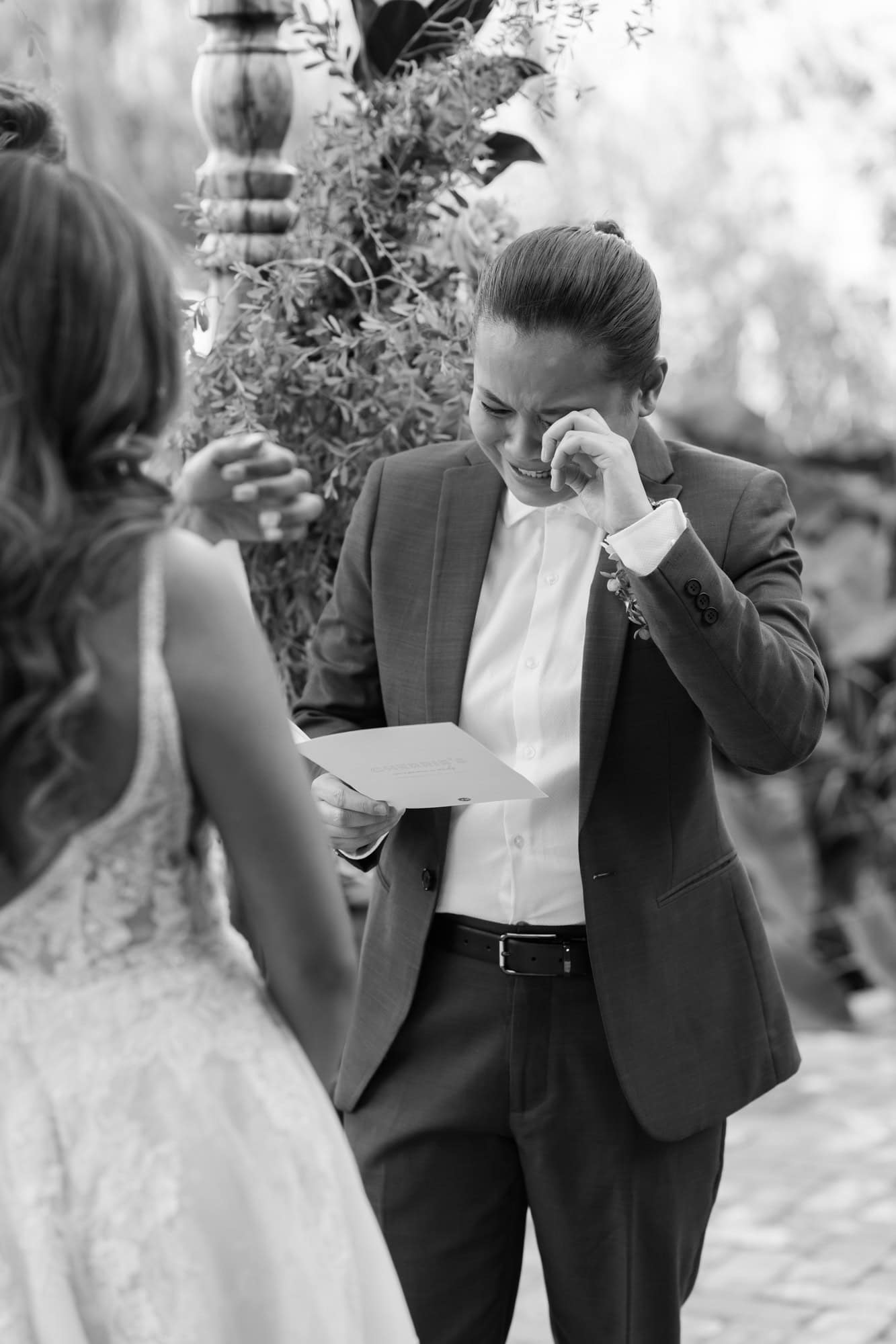 wedding photos Perth bride wearing suit crying at wedding ceremony