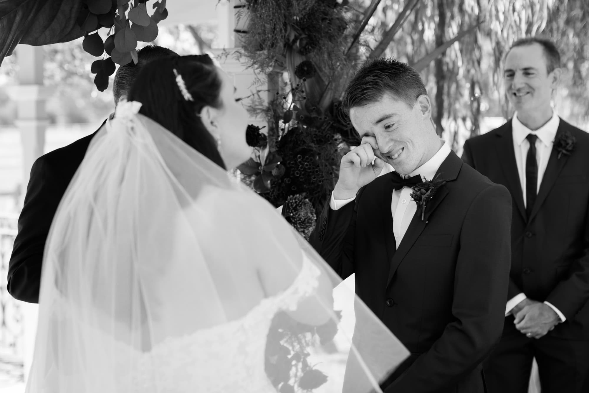 wedding photos Perth groom crying at wedding ceremony in front of bride